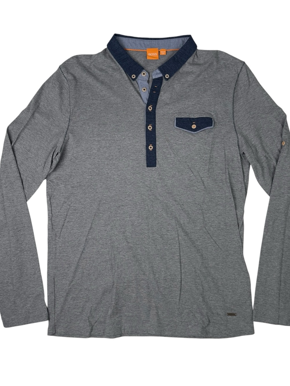 Hugo Boss Orange Patchman 1 Henley Long Sleeve Gray Shirt Mens XL